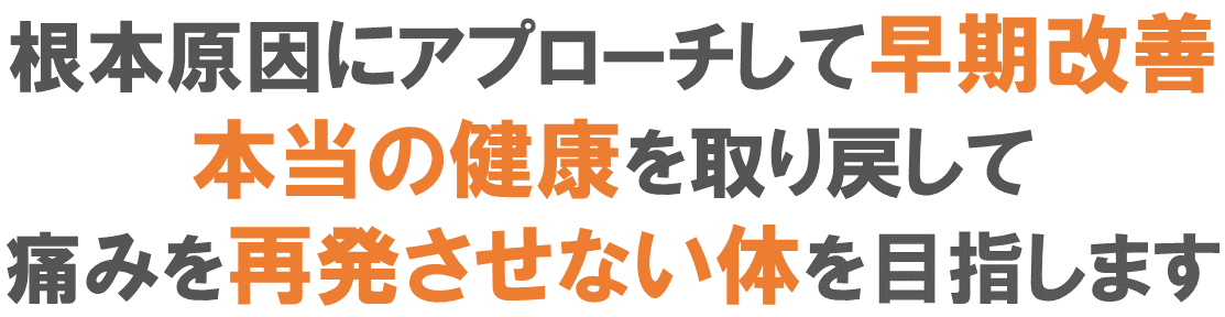 根本原因にアプローチして早期改善して痛みを再発させない体を目指す、本当の健康を取り戻す整体院です